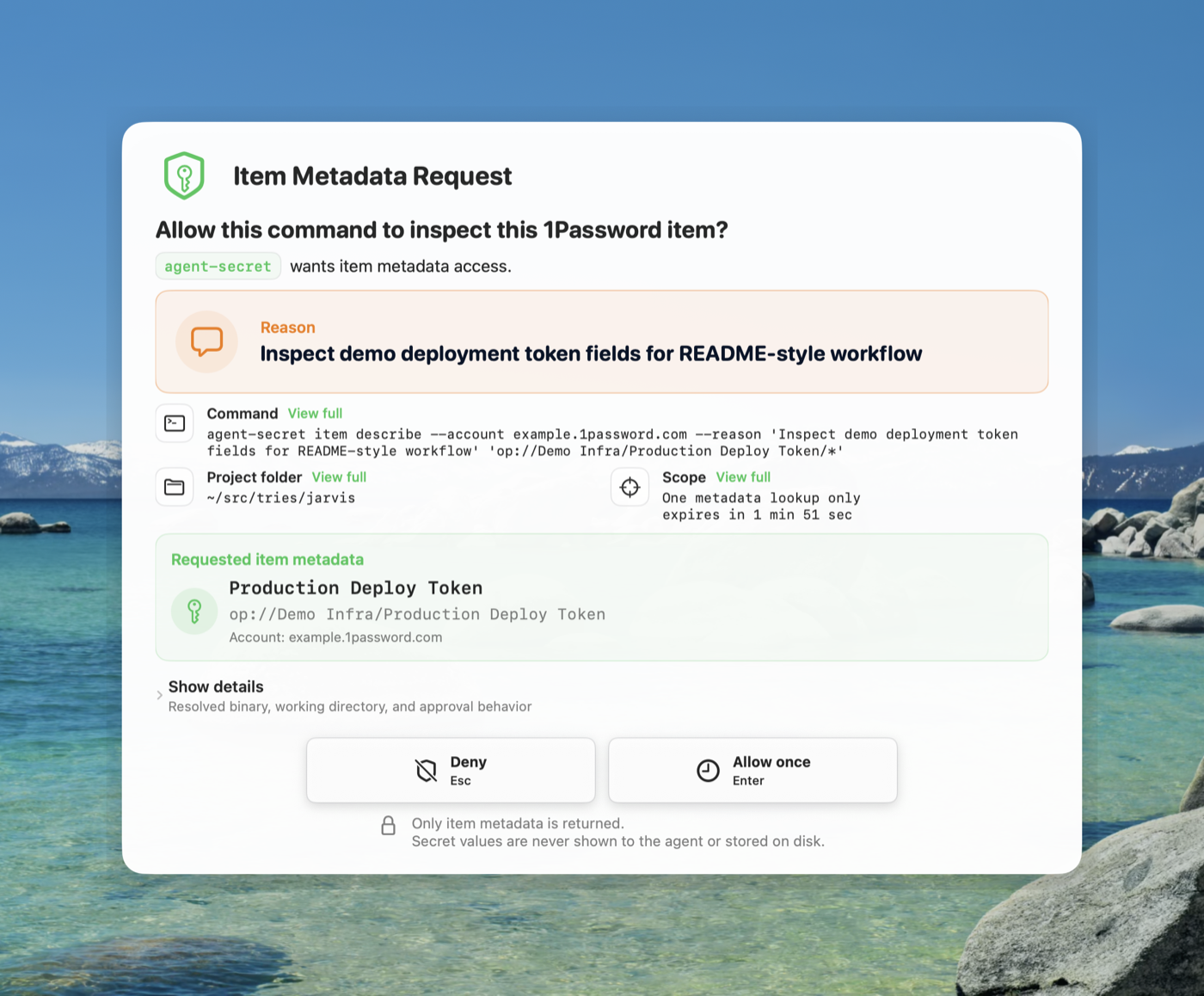 Agent Secret item metadata approval prompt